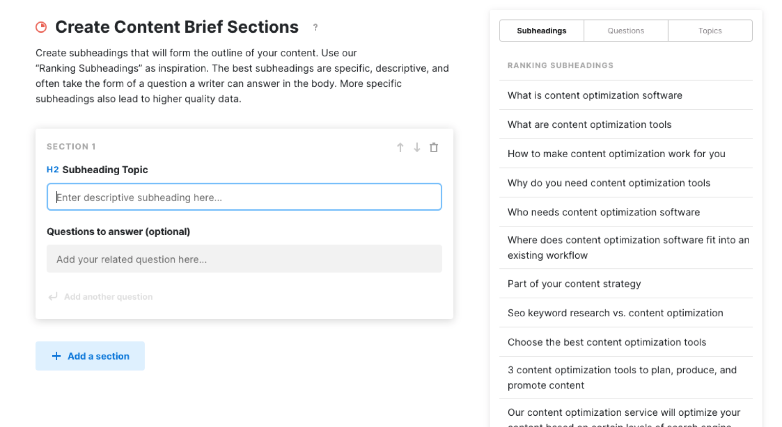 MarketMuse Content Brief subheading creation screen