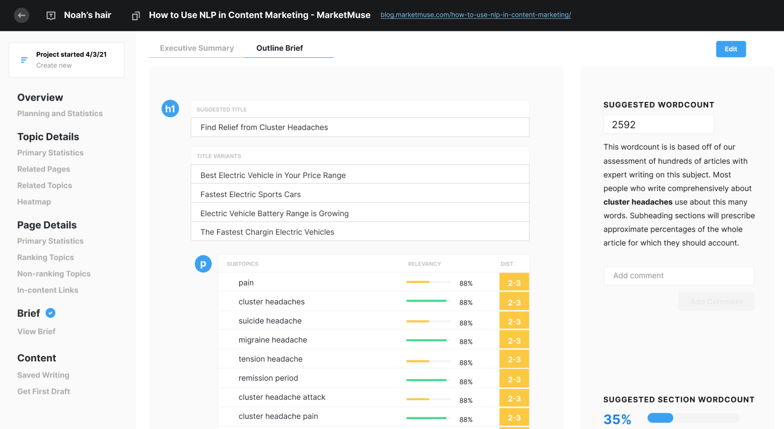 MarketMuse Content Brief Editor view