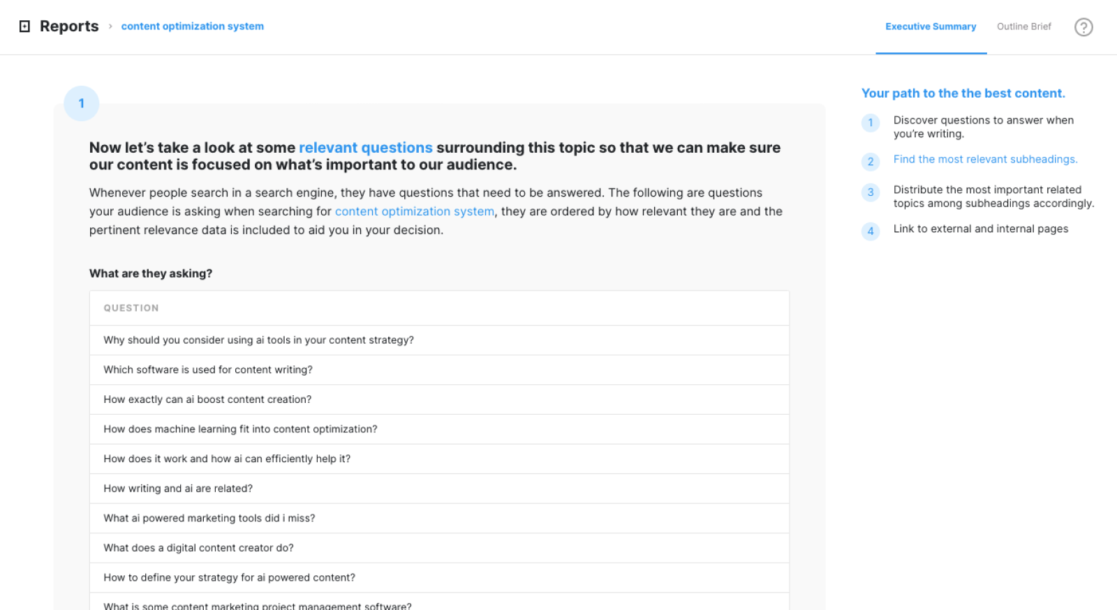 MarketMuse brief Executive Summary of important user Questions
