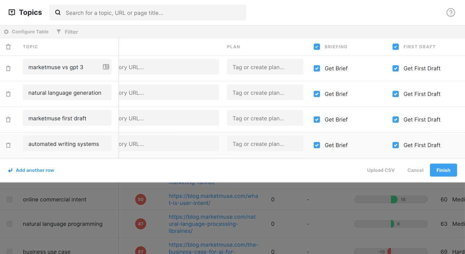 Close-up of a bulk Content Brief order
