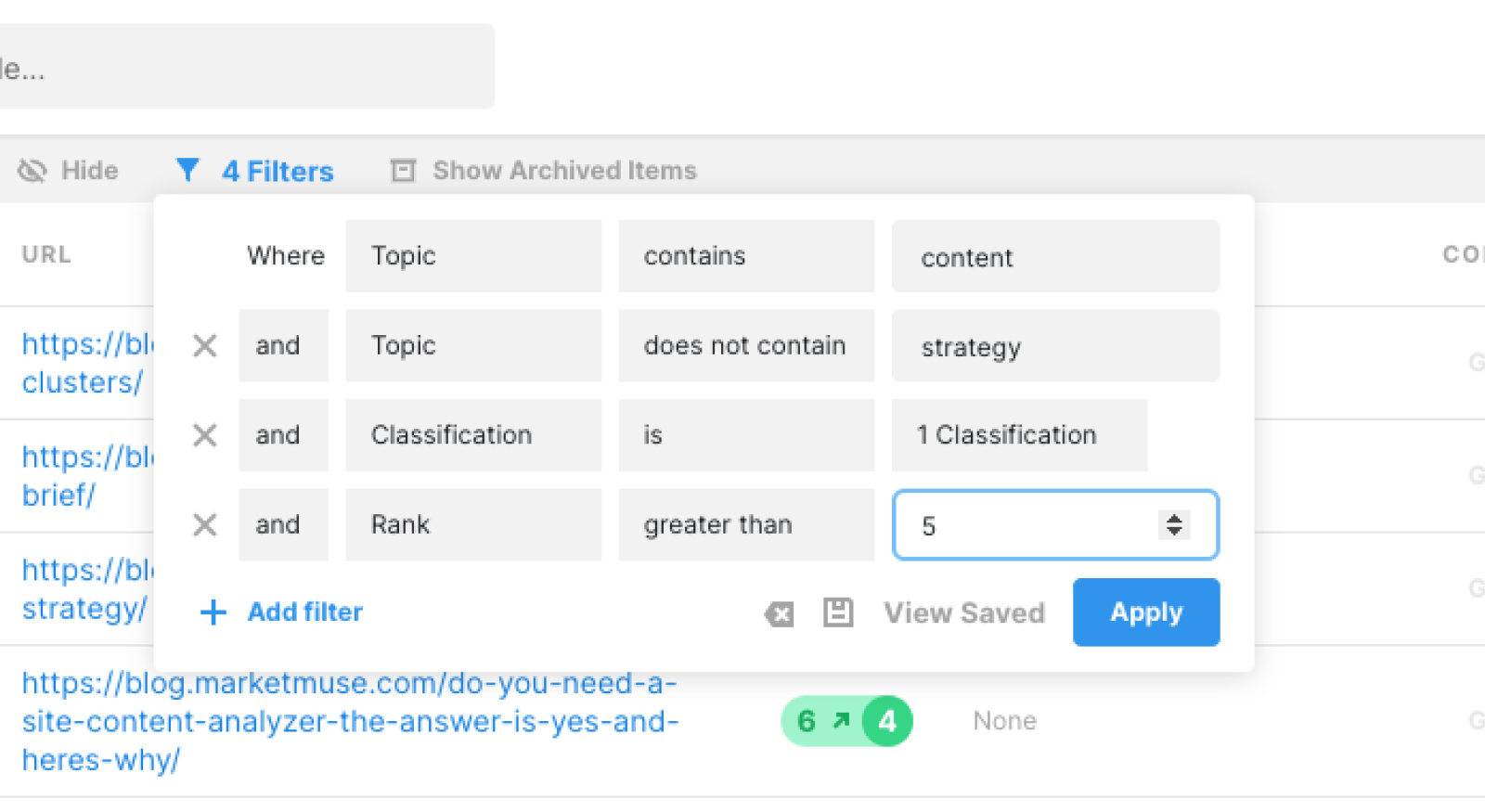 Close-up of Stacked Filters in MarketMuse Inventory